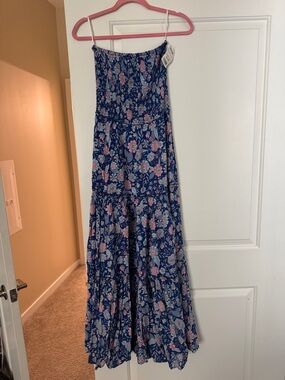 Blue Floral Maxi Dress with Pink & Cream Blooms